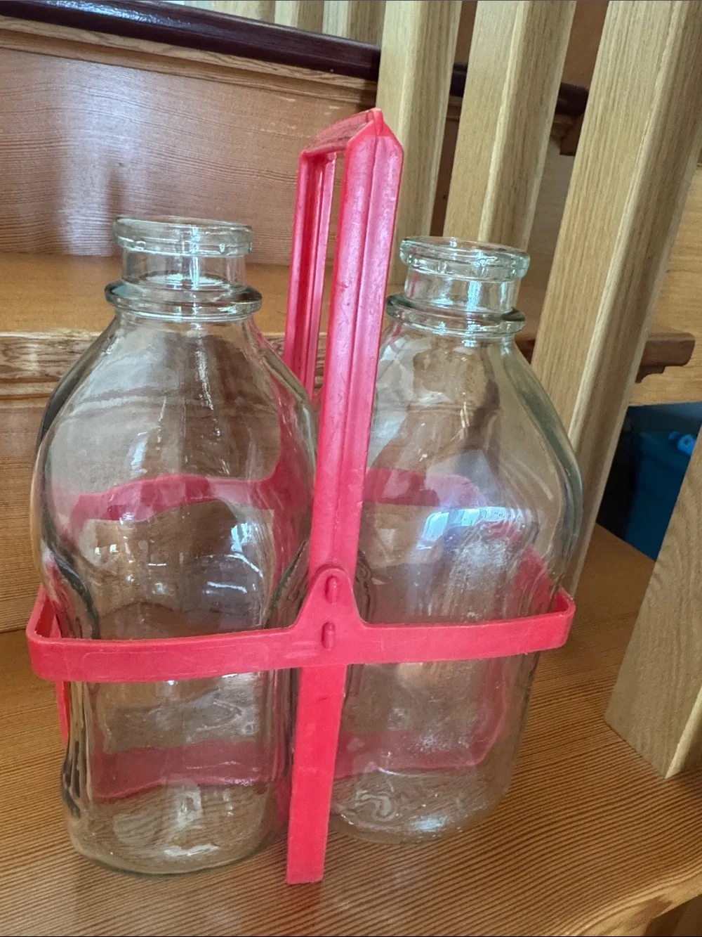 Set of Two Vintage 1/2 gallon Glass Milk Bottles with Red Carrier